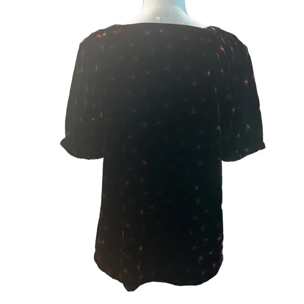 LOFT Floral Velvet Puff Sleeve Top Black & Red Sweetheart Neckline Women's Small